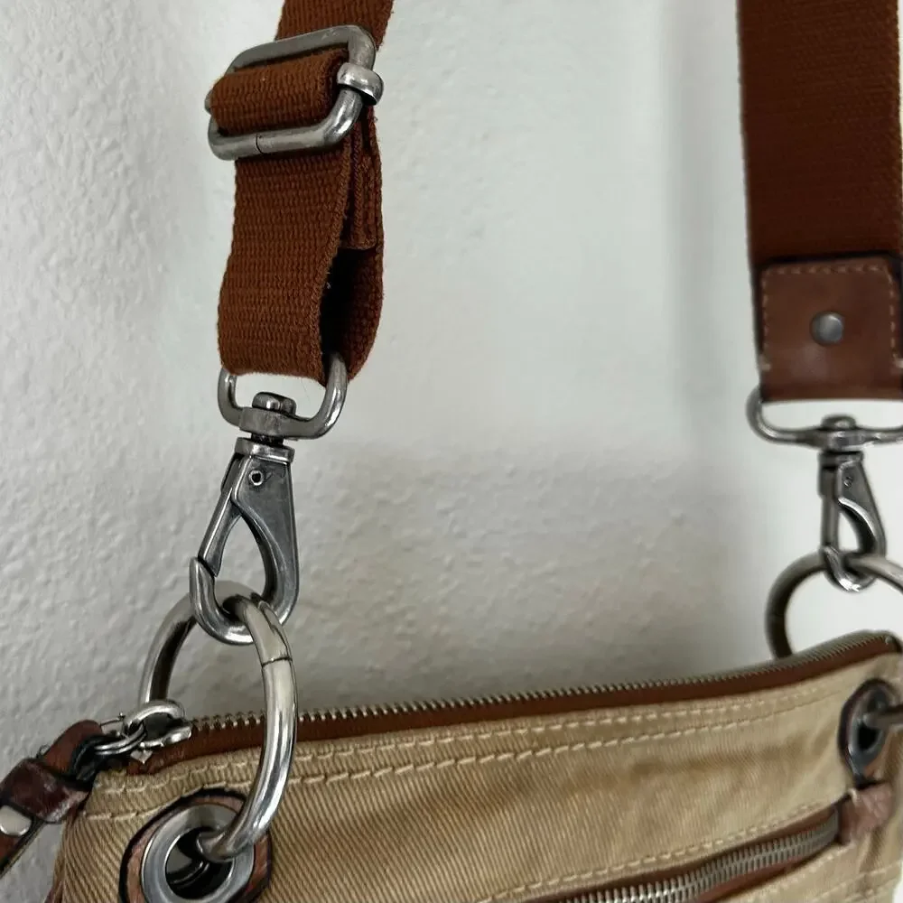 Vintage Fossil Canvas Leather Crossbody Bag Tan Utility Y2K Boho Messenger Purse